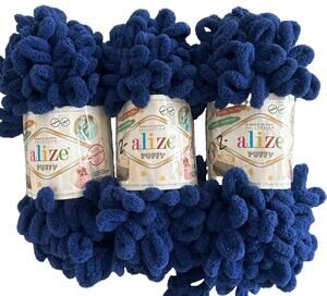 Alize Puffy Yarn Lot Of 3 Skeins Finger Loop Knitting Blanket Scarf Blue #360